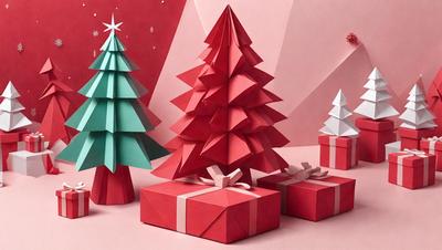 The primary subject of the image is a red and green paper tree, which is placed in front of a red and white paper tree. The setting is a pink background, and the visual style is a combination of digital art and illustration. The colors and mood of the image are festive and joyful, with the red and green colors representing the holiday season.